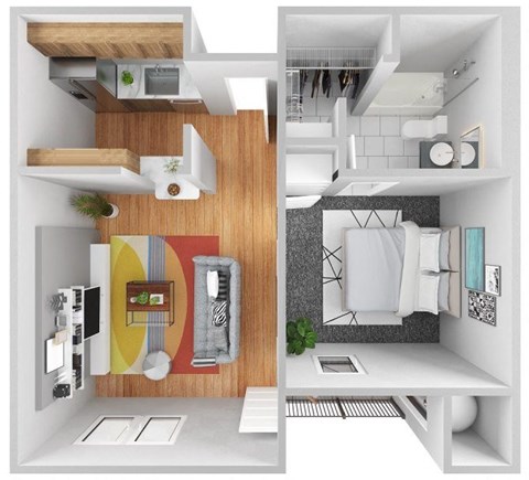 A modern bathroom with a wooden accent wall and a white bathtub.